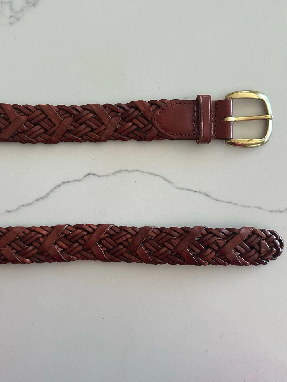 Vintage Talbots Braided Leather Belt Solid Brass Square Buckle Warm Brown Large